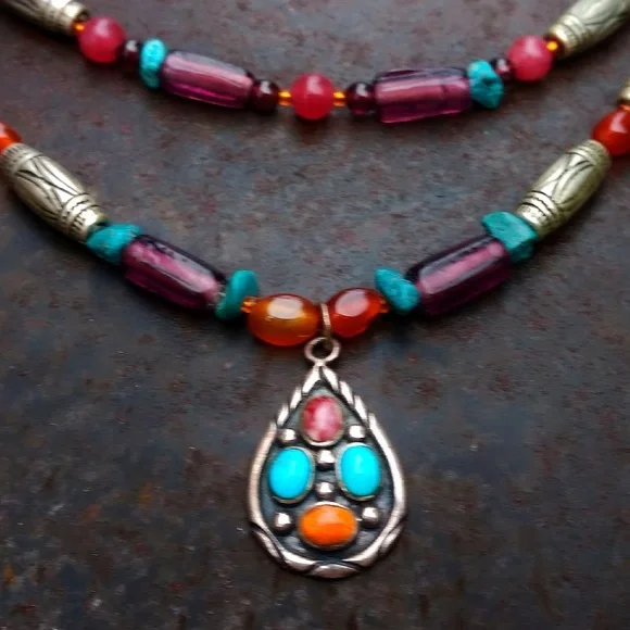 Vintage Signed Begay Navajo Turquoise, Multi-Gem Sterling Silver Necklace - Picture 8 of 8